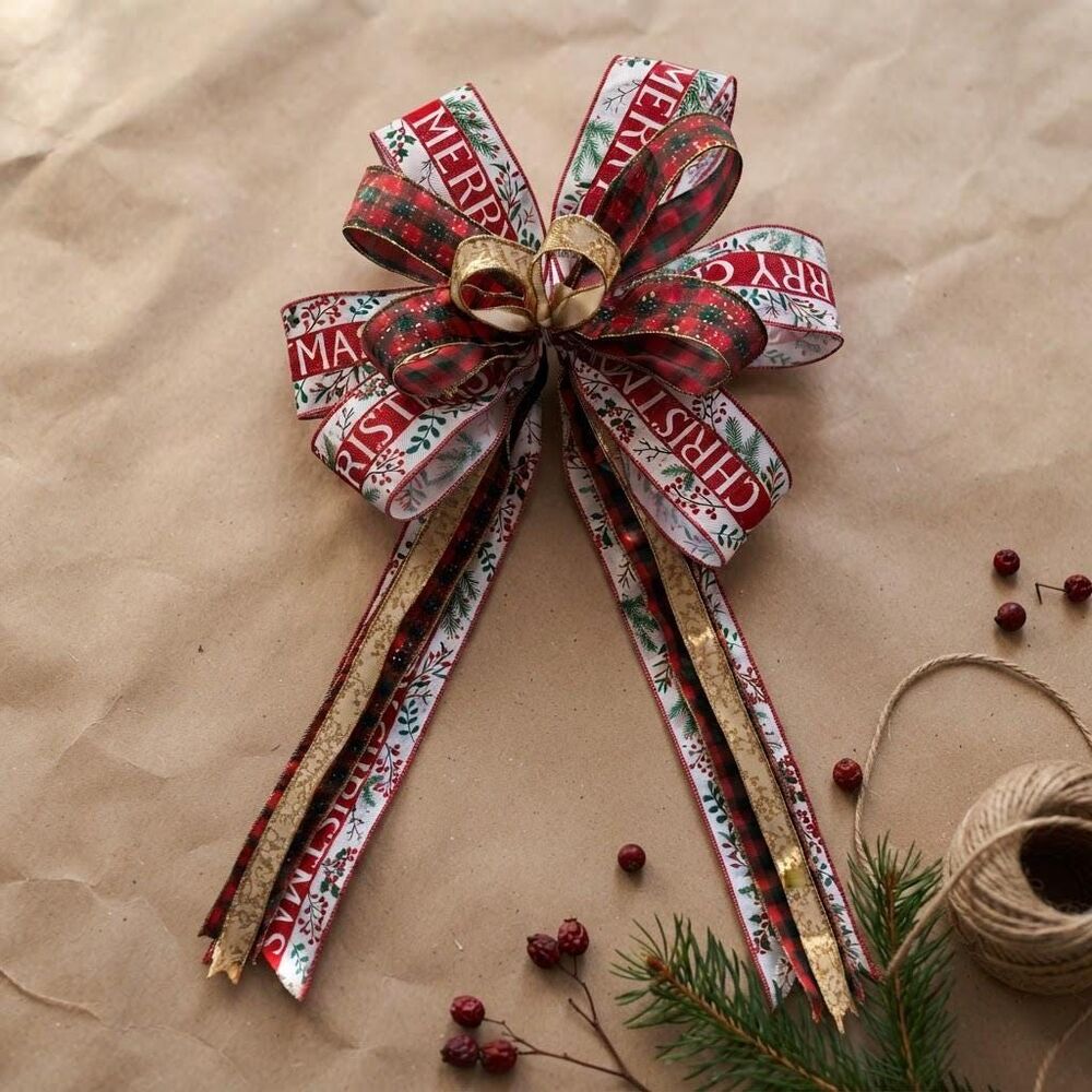 Traditional Christmas Plaid Bow | Merry Christmas Typography, Gold Glitter